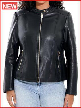 Faux Leather Motorcycle Biker Outwear Zip Up Moto Coat Plus Size Jacket